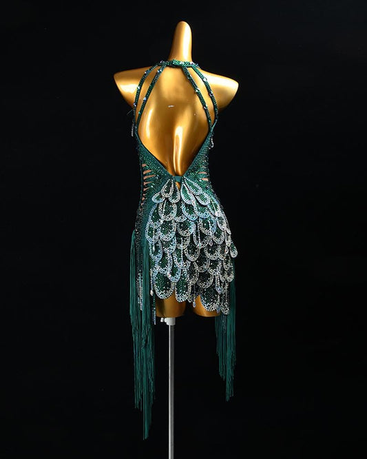 Custom Green Sequin Latin Dance Dress | Handmade Performance Costume for Salsa, Cha-Cha, or Competitions