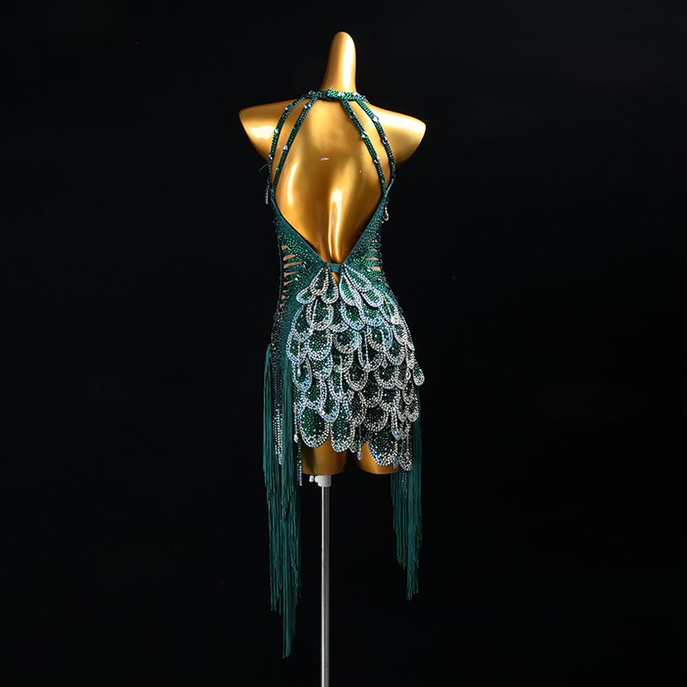 Custom Green Sequin Latin Dance Dress | Handmade Performance Costume for Salsa, Cha-Cha, or Competitions