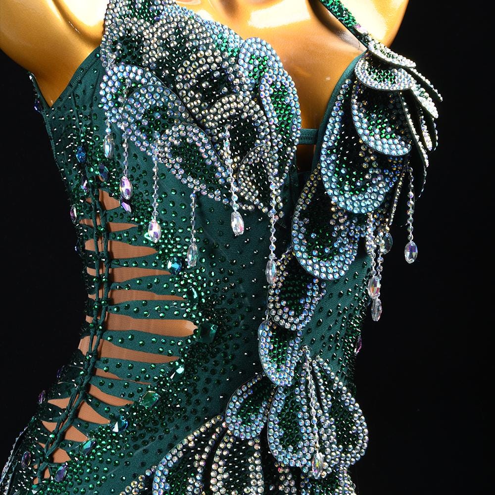 Custom Green Sequin Latin Dance Dress | Handmade Performance Costume for Salsa, Cha-Cha, or Competitions