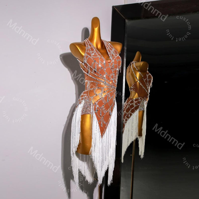 Custom White Fringe Latin Dance Dress | Handmade Performance Costume for Salsa, Cha-Cha, or Competitions