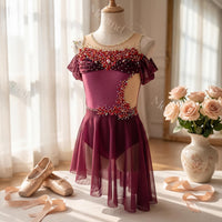 Custom Handmade Contemporary Costume Burgundy Freestyle Solo Lyrical Dance Costume Dancewear with Crystal Embellishments