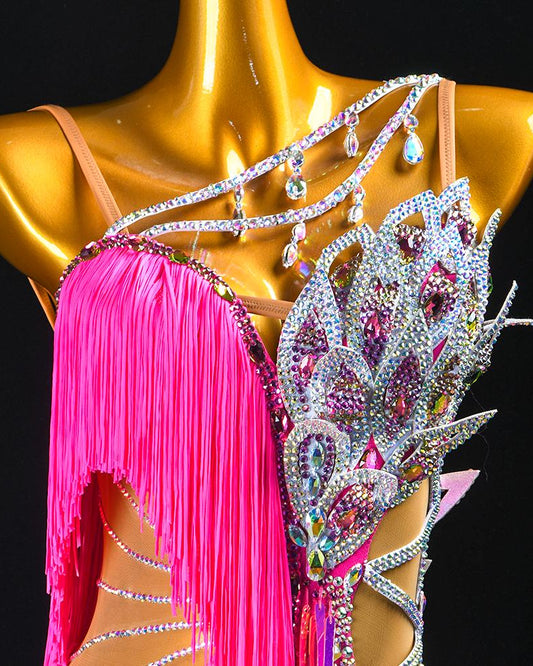 Custom Latin Dance Dress | Hot Pink Fringe Ballroom Competition Dress