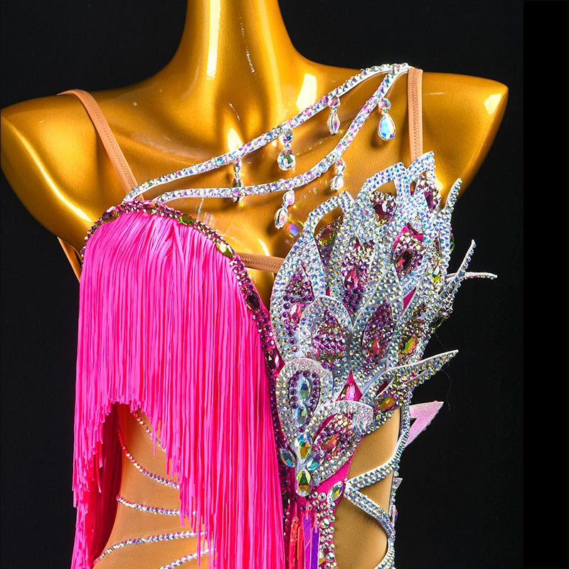 Custom Latin Dance Dress | Hot Pink Fringe Ballroom Competition Dress