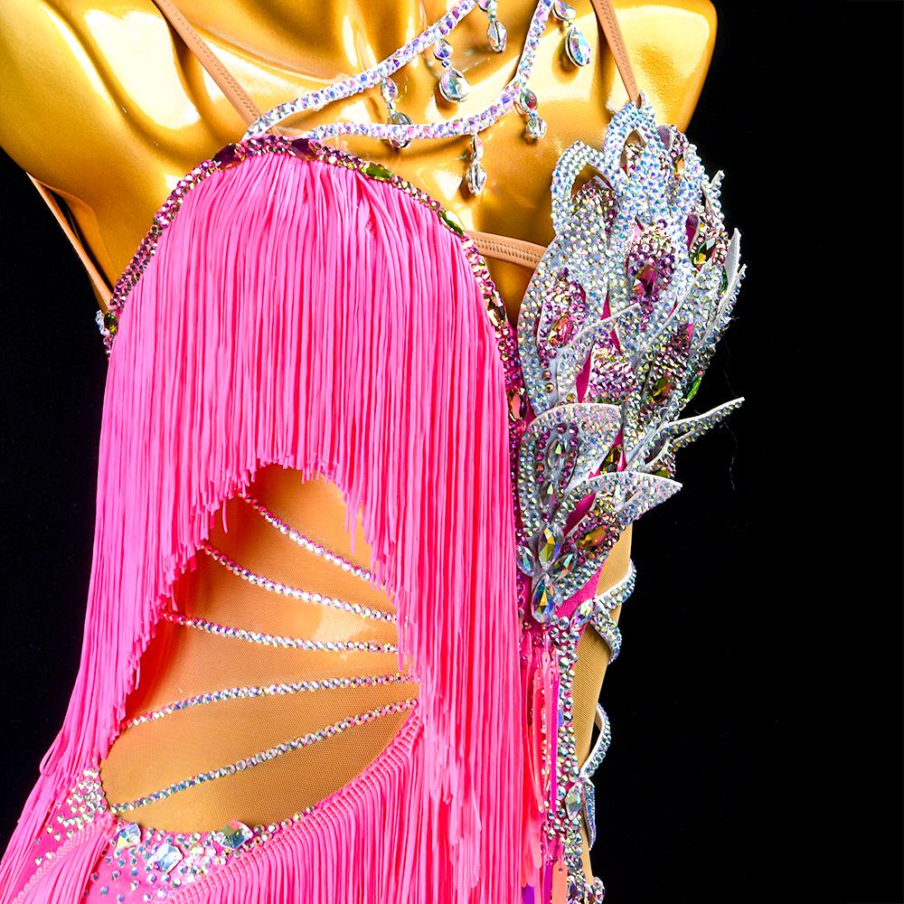 Custom Latin Dance Dress | Hot Pink Fringe Ballroom Competition Dress