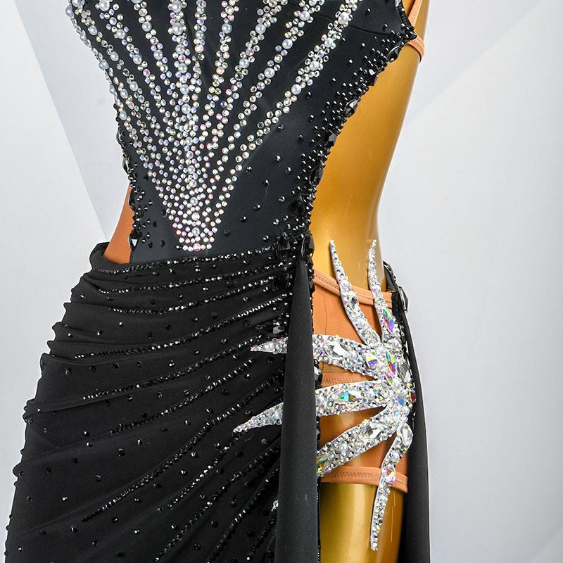 Custom Black Latin Dress | Ballroom Competition Dress | Rhinestone Fringe Costume