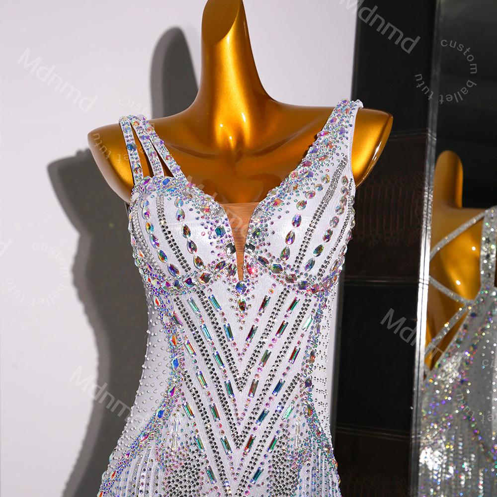 Custom White Latin Dress | Ballroom Competition Dress | Rhinestone Fringe Costume