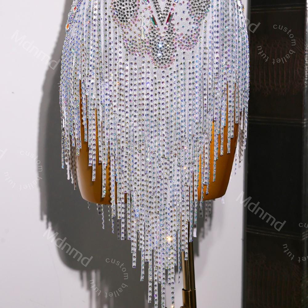 Custom White Latin Dress | Ballroom Competition Dress | Rhinestone Fringe Costume
