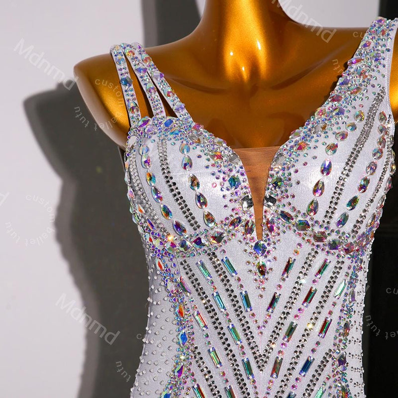 Custom White Latin Dress | Ballroom Competition Dress | Rhinestone Fringe Costume