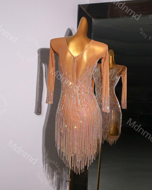Professional Latin Competition Dress - Handmade Rhinestone Salsa Outfit