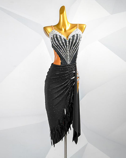 Custom Black Latin Dress | Ballroom Competition Dress | Rhinestone Fringe Costume