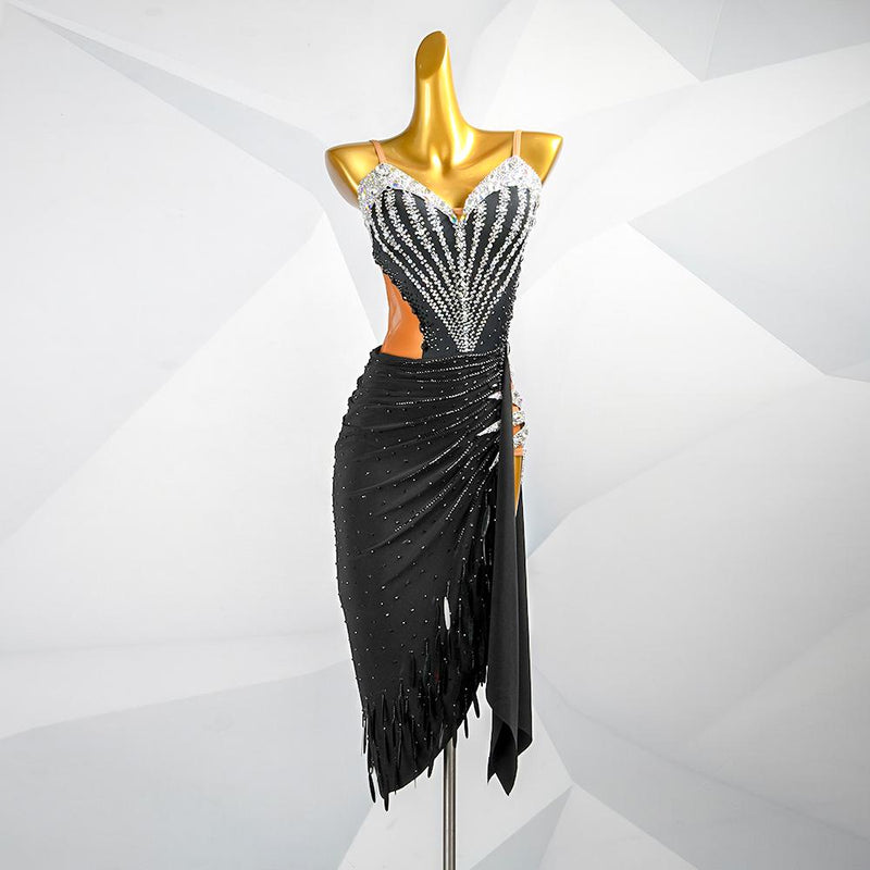 Custom Black Latin Dress | Ballroom Competition Dress | Rhinestone Fringe Costume