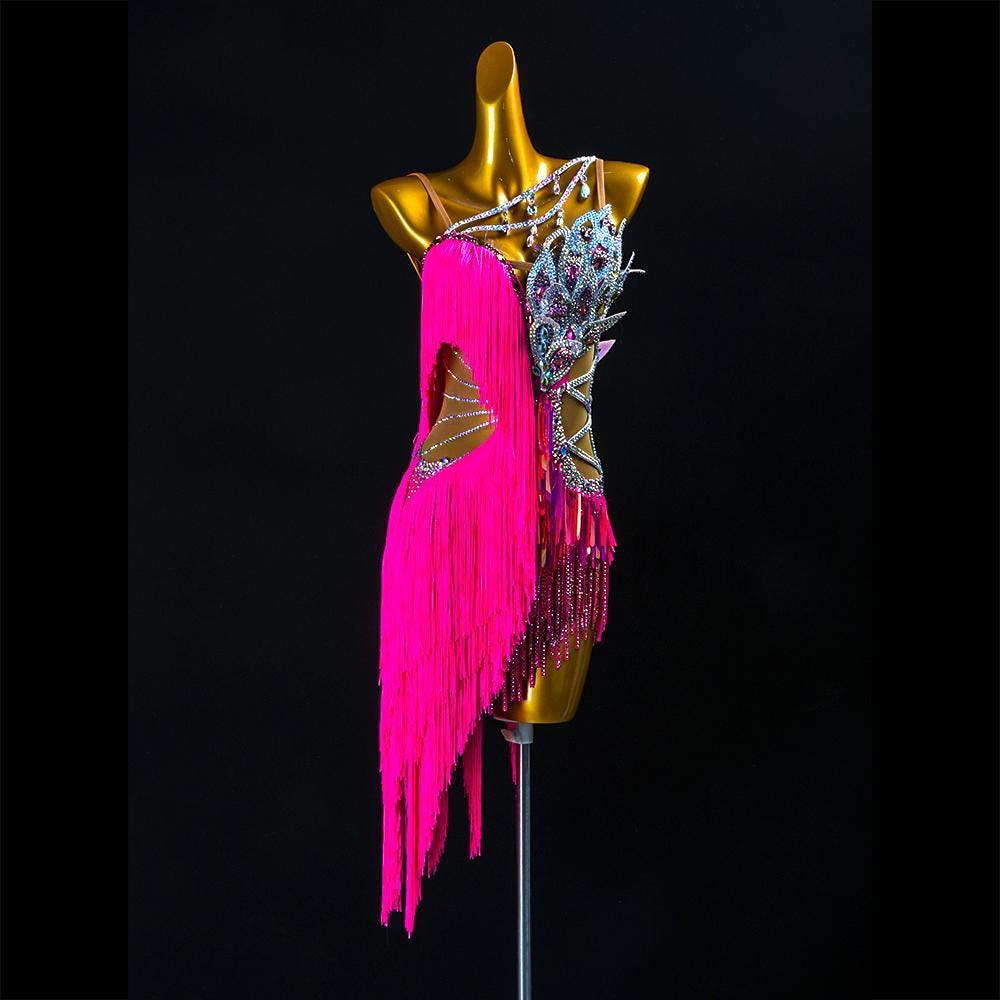 Custom Latin Dance Dress | Hot Pink Fringe Ballroom Competition Dress