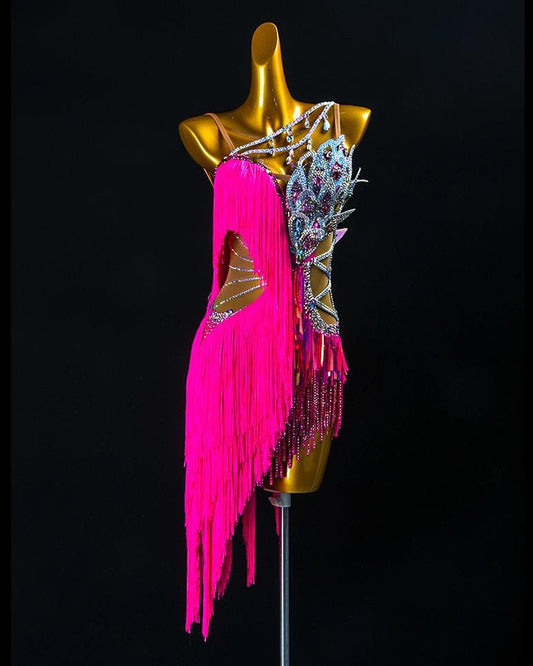 Custom Latin Dance Dress | Hot Pink Fringe Ballroom Competition Dress