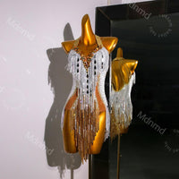 Handmade White & Gold Crystal Fringe Latin Dance Dress