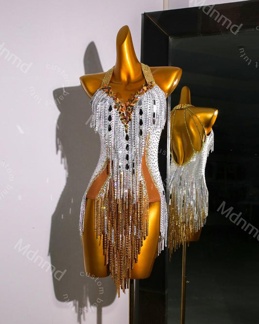 Handmade White & Gold Crystal Fringe Latin Dance Dress