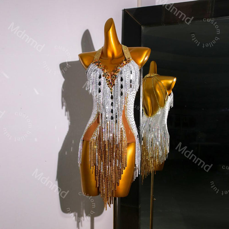 Handmade White & Gold Crystal Fringe Latin Dance Dress