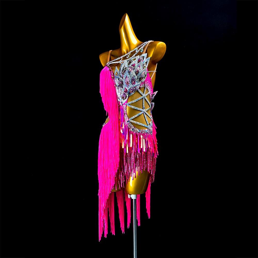 Custom Latin Dance Dress | Hot Pink Fringe Ballroom Competition Dress