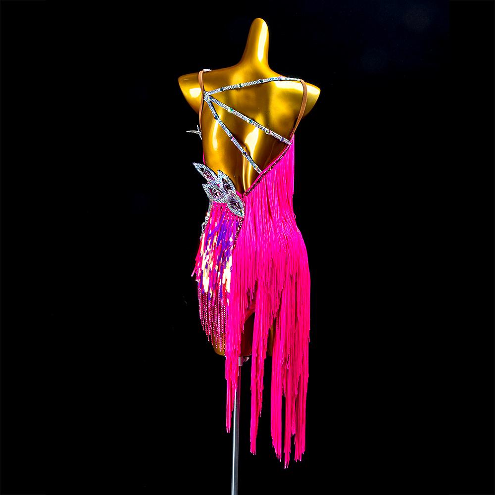 Custom Latin Dance Dress | Hot Pink Fringe Ballroom Competition Dress