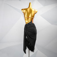 Custom Black Latin Dress | Ballroom Competition Dress | Rhinestone Fringe Costume