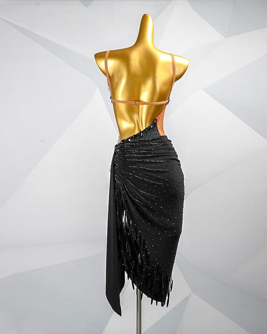 Custom Black Latin Dress | Ballroom Competition Dress | Rhinestone Fringe Costume