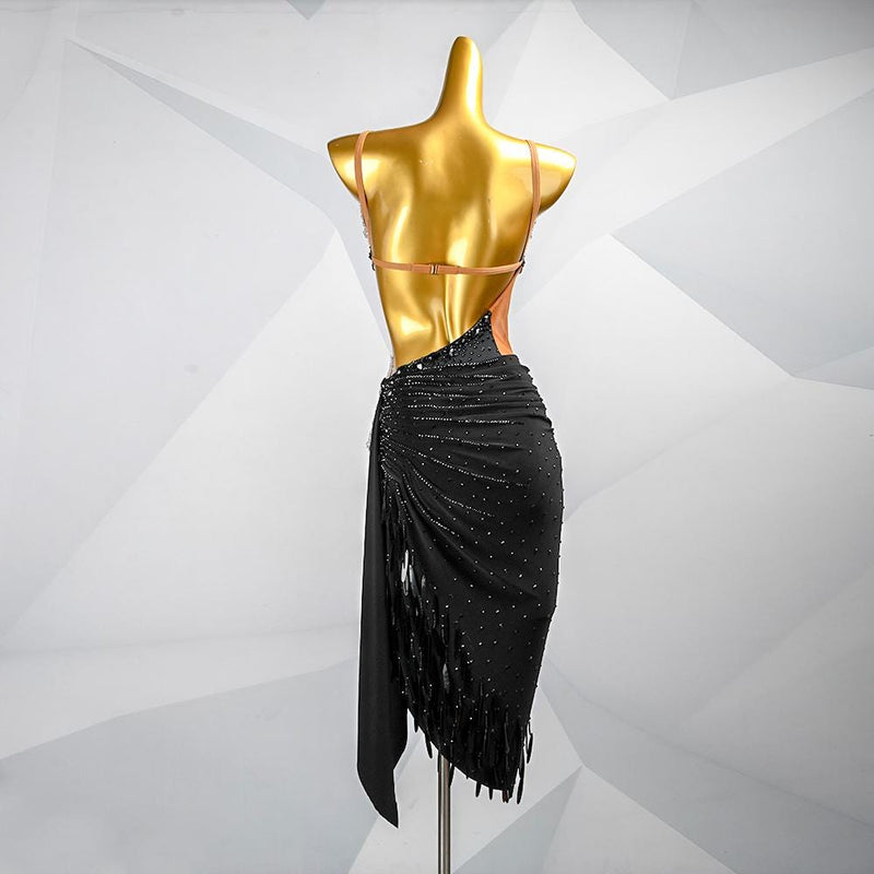 Custom Black Latin Dress | Ballroom Competition Dress | Rhinestone Fringe Costume