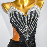 Custom Black Latin Dress | Ballroom Competition Dress | Rhinestone Fringe Costume