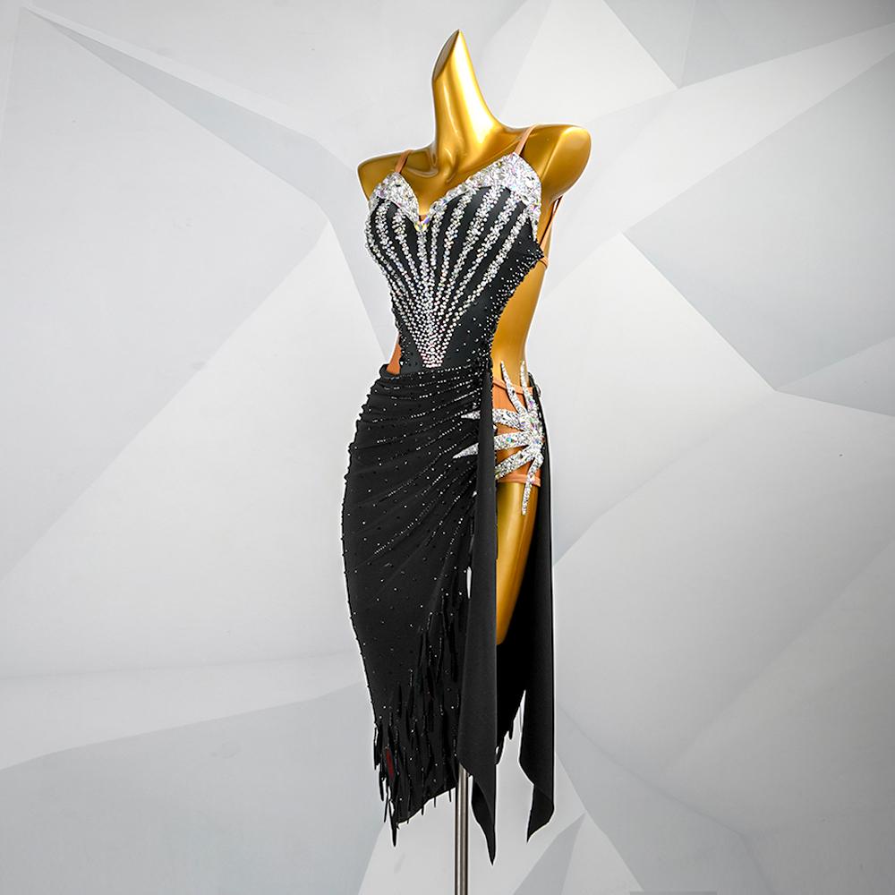 Custom Black Latin Dress | Ballroom Competition Dress | Rhinestone Fringe Costume