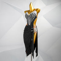 Custom Black Latin Dress | Ballroom Competition Dress | Rhinestone Fringe Costume