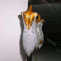 Custom White Latin Dress | Ballroom Competition Dress | Rhinestone Fringe Costume