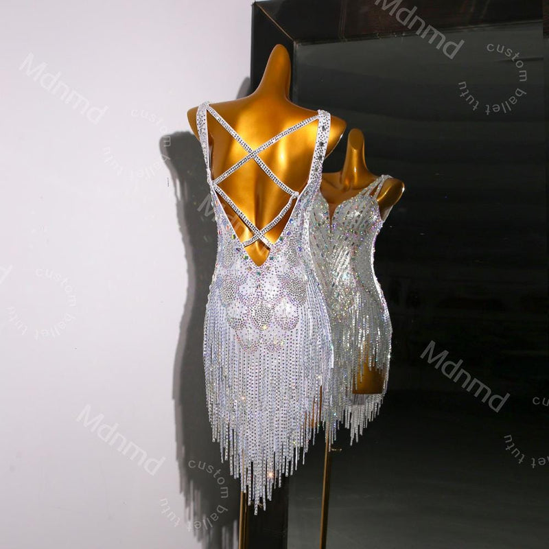 Custom White Latin Dress | Ballroom Competition Dress | Rhinestone Fringe Costume