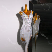 Custom White Latin Dress | Ballroom Competition Dress | Rhinestone Fringe Costume