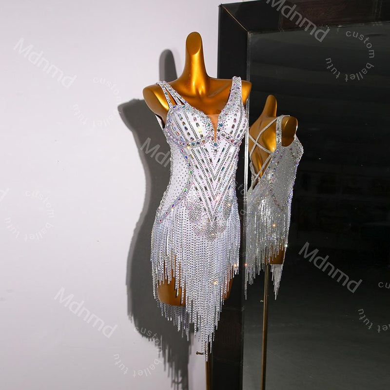 Custom White Latin Dress | Ballroom Competition Dress | Rhinestone Fringe Costume