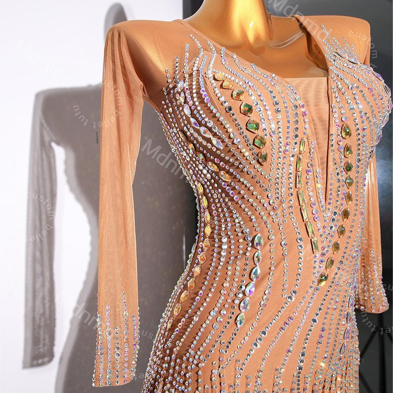 Professional Latin Competition Dress - Handmade Rhinestone Salsa Outfit