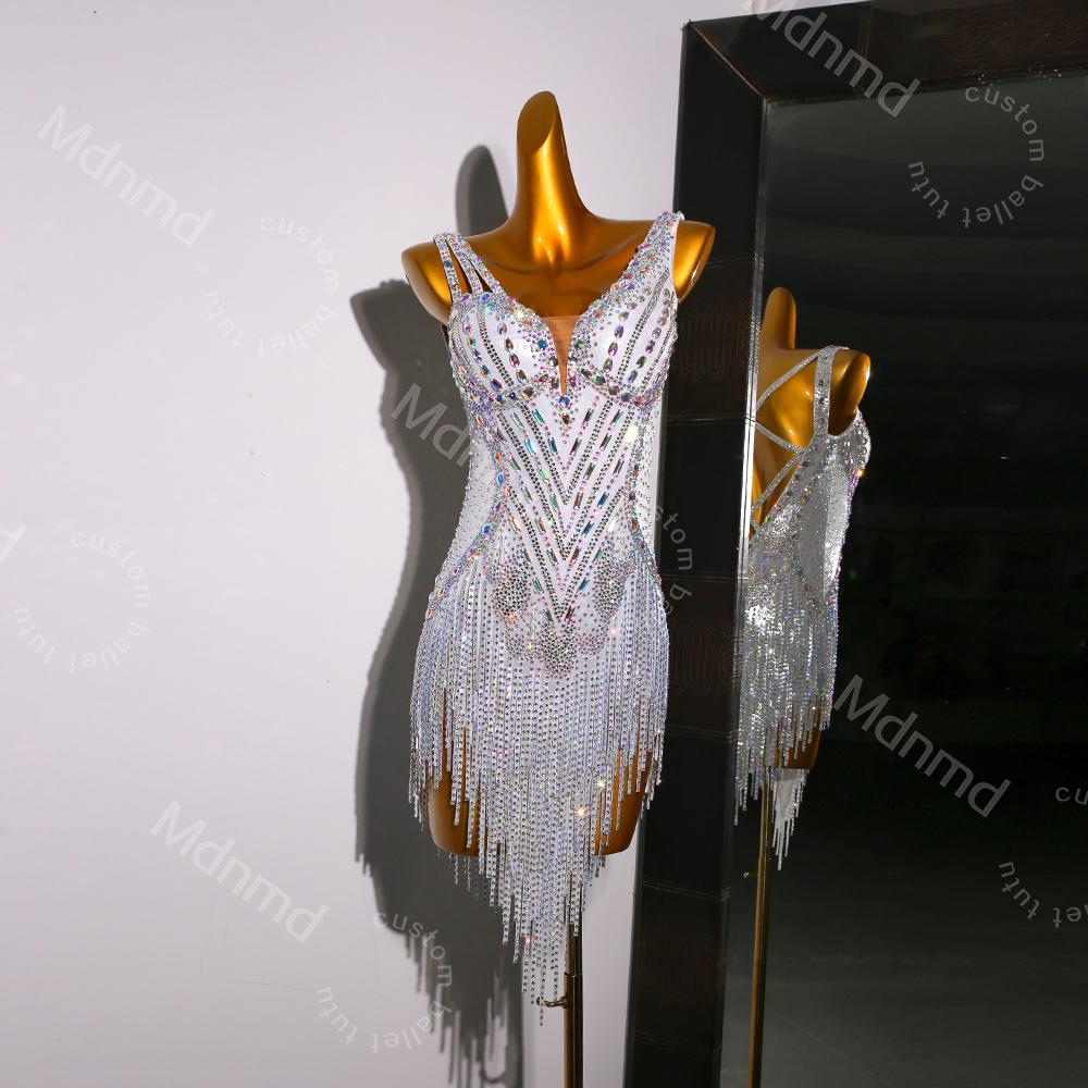 Custom White Latin Dress | Ballroom Competition Dress | Rhinestone Fringe Costume
