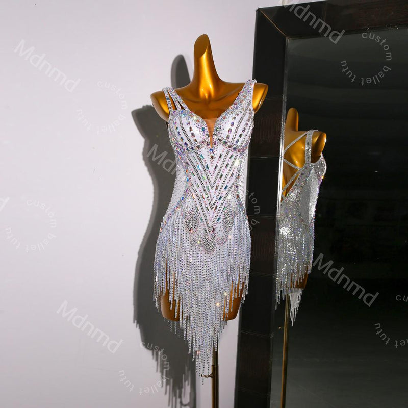 Custom White Latin Dress | Ballroom Competition Dress | Rhinestone Fringe Costume