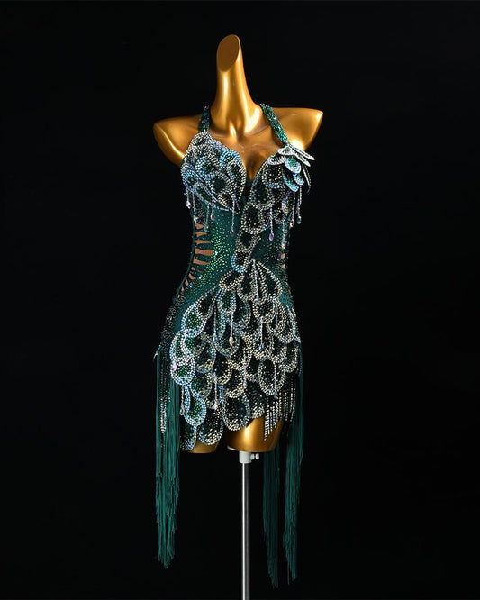 Custom Green Sequin Latin Dance Dress | Handmade Performance Costume for Salsa, Cha-Cha, or Competitions