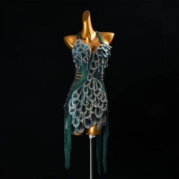 Custom Green Sequin Latin Dance Dress | Handmade Performance Costume for Salsa, Cha-Cha, or Competitions
