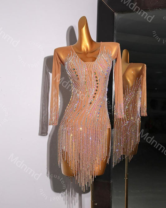 Professional Latin Competition Dress - Handmade Rhinestone Salsa Outfit