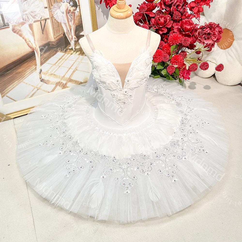 White Swan Professional Ballet Tutu | Swan Lake Odette Costume, Stretch Bodice, Feather Accents