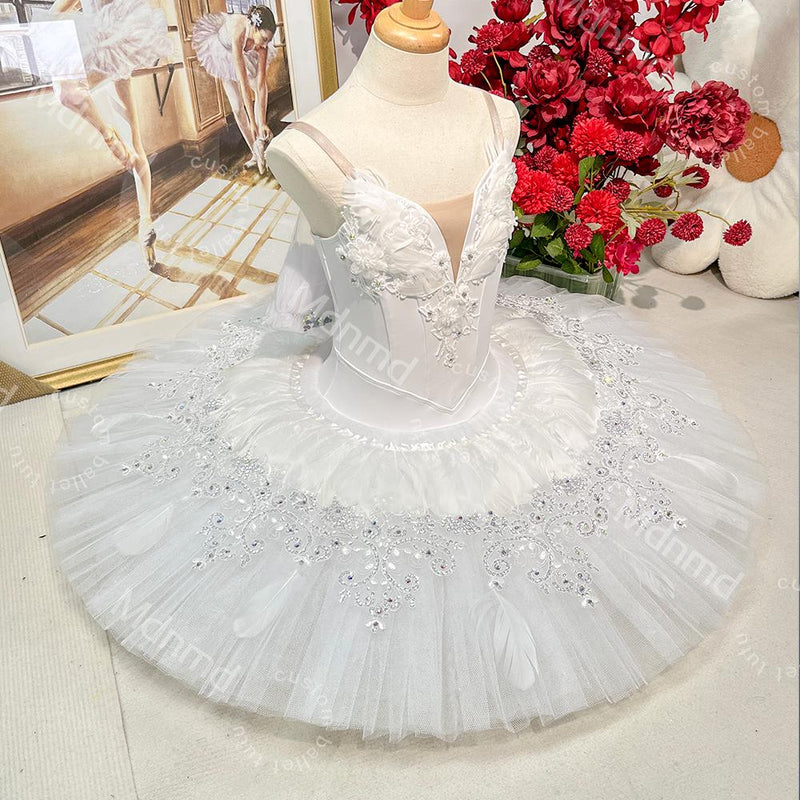 White Swan Professional Ballet Tutu | Swan Lake Odette Costume, Stretch Bodice, Feather Accents
