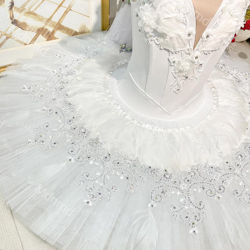 White Swan Professional Ballet Tutu | Swan Lake Odette Costume, Stretch Bodice, Feather Accents