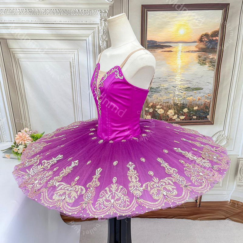 Purple Professional Ballet Tutu | Gold Embroidery Classical Princess Variation Dance Costume | Custom Ballet Dress