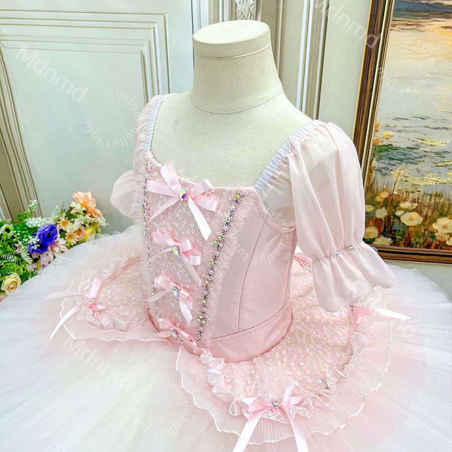 Custom Pink Classical Ballet Tutu - Romantic Puff Sleeve Pancake Tutu Dress for Performance & Competition