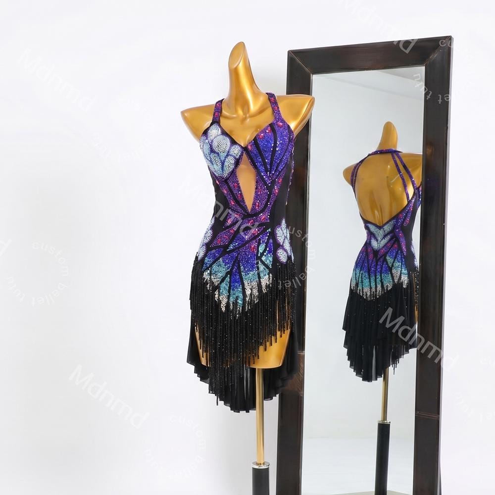 Custom Purple Latin Dance Dress - Rhinestone Fringe Salsa Ballroom Competition Costume