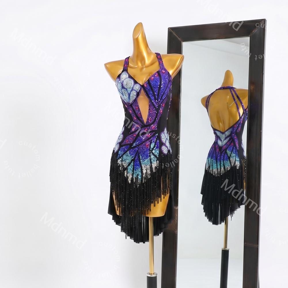 Custom Purple Latin Dance Dress - Rhinestone Fringe Salsa Ballroom Competition Costume