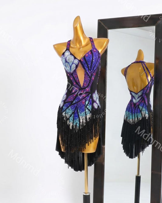 Custom Purple Latin Dance Dress - Rhinestone Fringe Salsa Ballroom Competition Costume