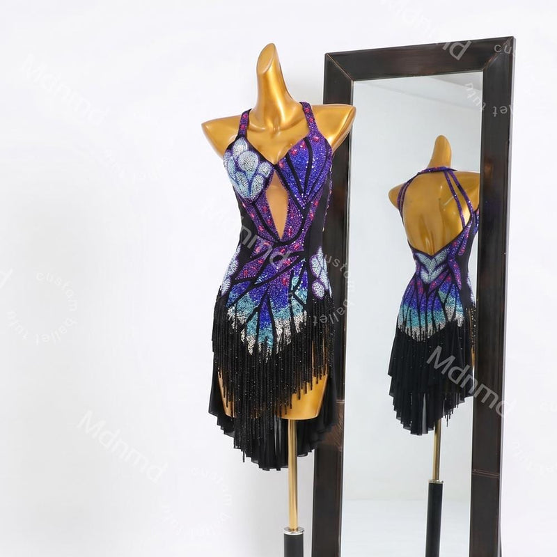 Custom Purple Latin Dance Dress - Rhinestone Fringe Salsa Ballroom Competition Costume