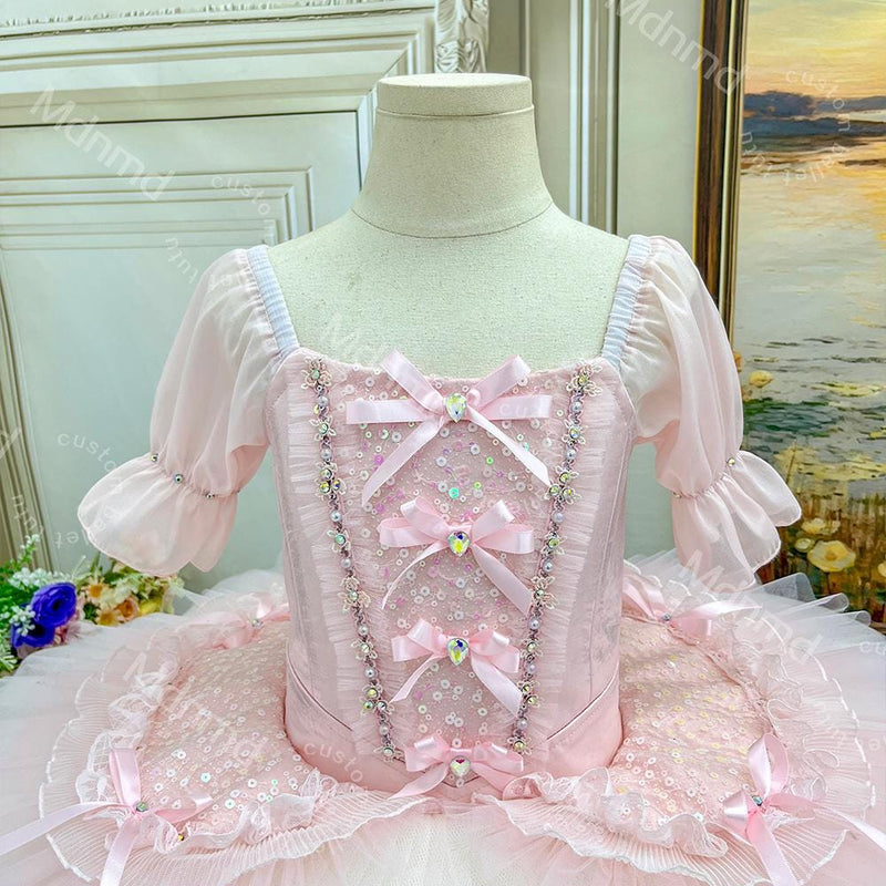Custom Pink Classical Ballet Tutu - Romantic Puff Sleeve Pancake Tutu Dress for Performance & Competition