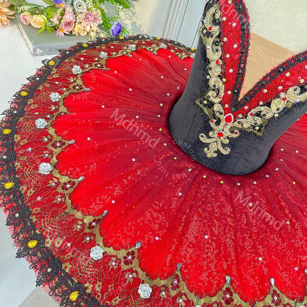 Custom Black & Red Don Quixote Ballet Tutu - Classical Kitri Pancake Tutu Dress for Competition