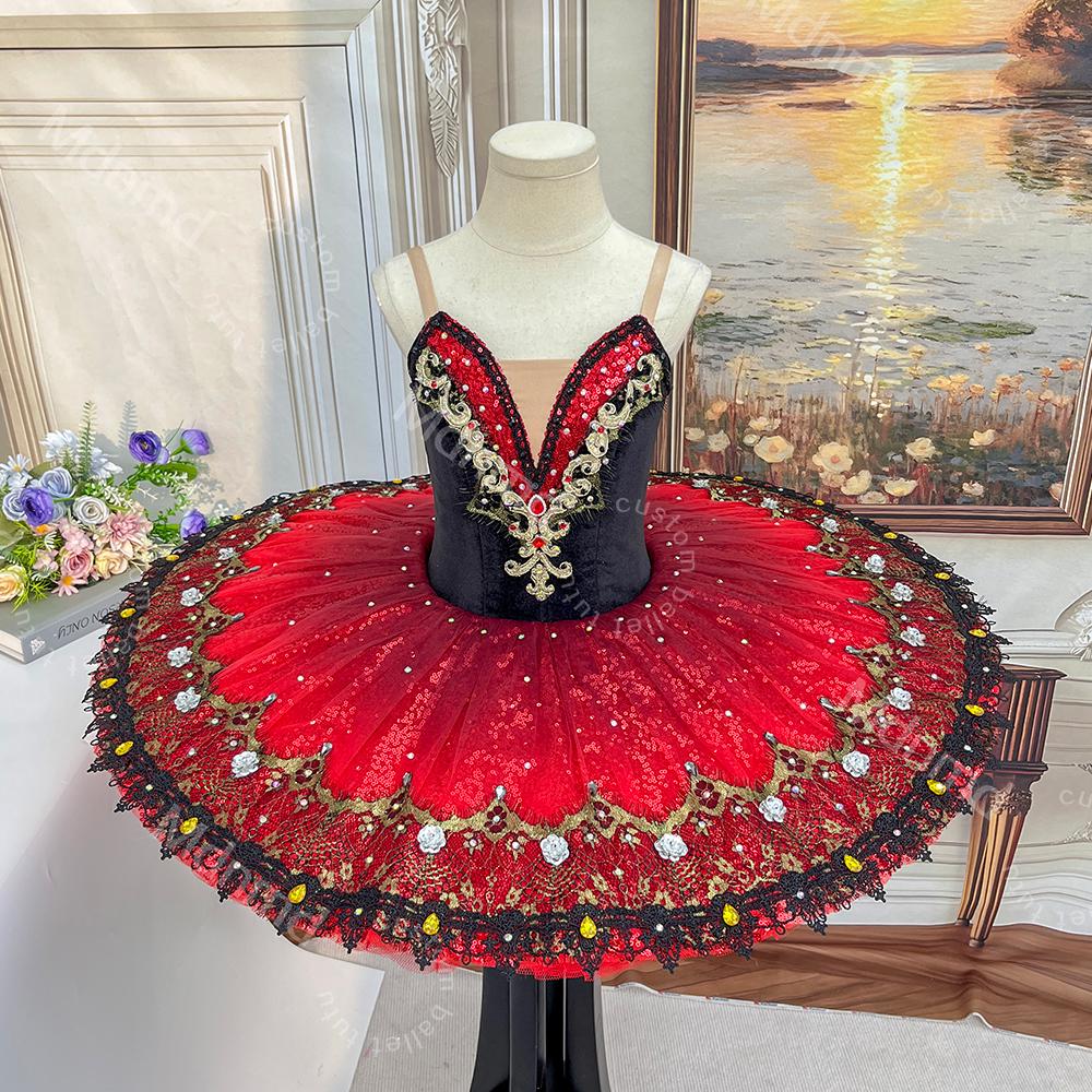 Custom Black & Red Don Quixote Ballet Tutu - Classical Kitri Pancake Tutu Dress for Competition